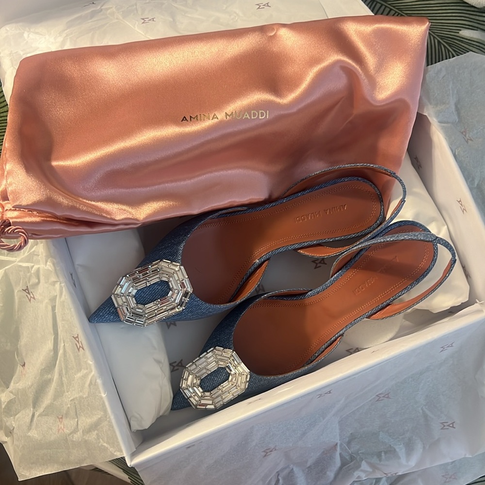 NIB Amina Muaddi Camelia denim sling back